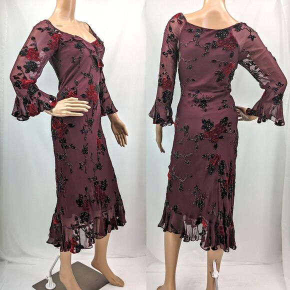 Vintage 1990s y2k Sue Wong Midi Dress Whimsygoth Floral Beaded Silk Fairy Size 2 - Picture 1 of 14